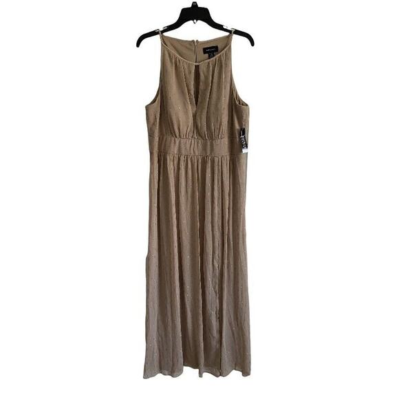 R&M Richards Dresses & Skirts - NWT R&M Richards Size 14 Halterneck Gown A-Line Dress Mocha Metallic Thigh Split